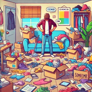 DALL·E 2025-01-08 09.44.23 - A humorous illustration of a messy house with clothes, boxes, and papers scattered everywhere. A person is standing in the